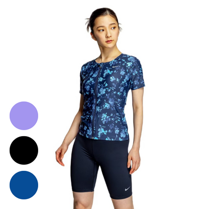 【NIKE ナイキ】レディース フィットネス水着    総柄ジップ付き 半袖セパレーツ セパレート 上下セット 胸カップ付き フロントジップ 袖付き 2993149