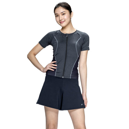 【NIKE（ナイキ）】レディース フィットネス水着 水泳 半袖 ジップ セパレーツ 黒 M-3Lサイズ 2993171-0009 上下セット フレアシルエット