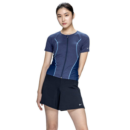 【NIKE（ナイキ）】レディース フィットネス水着 水泳 半袖 ジップ セパレーツ 黒 M-3Lサイズ 2993171-0009 上下セット フレアシルエット