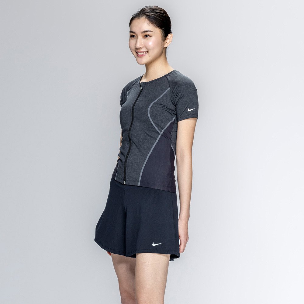 【NIKE（ナイキ）】レディース フィットネス水着 水泳 半袖 ジップ セパレーツ 黒 M-3Lサイズ 2993171-0009 上下セット フレアシルエット