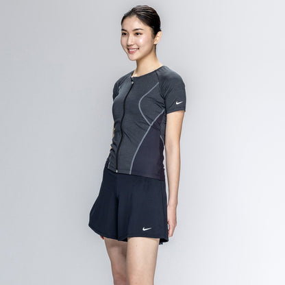 【NIKE（ナイキ）】レディース フィットネス水着 水泳 半袖 ジップ セパレーツ 黒 M-3Lサイズ 2993171-0009 上下セット フレアシルエット