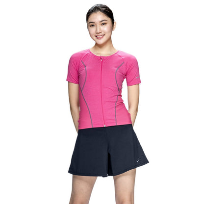 【NIKE（ナイキ）】レディース フィットネス水着 水泳 半袖 ジップ セパレーツ 黒 M-3Lサイズ 2993171-0009 上下セット フレアシルエット