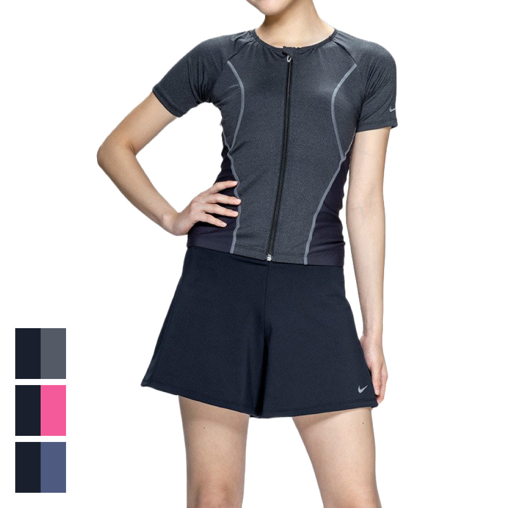 【NIKE（ナイキ）】レディース フィットネス水着 水泳 半袖 ジップ セパレーツ 黒 M-3Lサイズ 2993171-0009 上下セット フレアシルエット