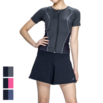 【NIKE（ナイキ）】レディース フィットネス水着 水泳 半袖 ジップ セパレーツ 黒 M-3Lサイズ 2993171-0009 上下セット フレアシルエット