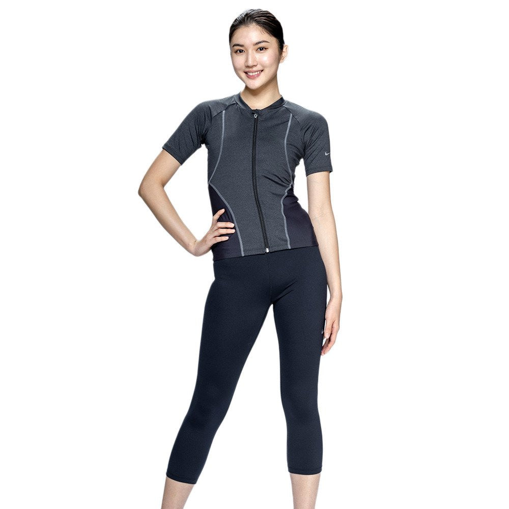 【NIKE（ナイキ）】レディース フィットネス水着 水泳 セミロングレギンス 半袖 ジップ セパレーツ 黒 M-LLサイズ 2993173-0009