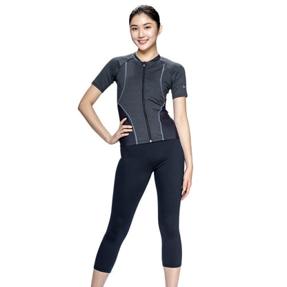 【NIKE（ナイキ）】レディース フィットネス水着 水泳 セミロングレギンス 半袖 ジップ セパレーツ 黒 M-LLサイズ 2993173-0009