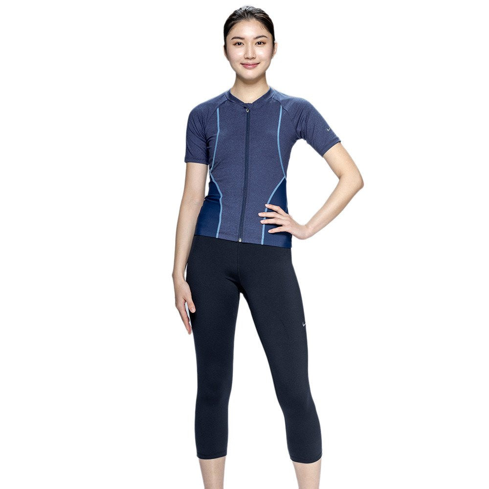 【NIKE（ナイキ）】レディース フィットネス水着 水泳 セミロングレギンス 半袖 ジップ セパレーツ 黒 M-LLサイズ 2993173-0009
