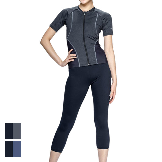 【NIKE（ナイキ）】レディース フィットネス水着 水泳 セミロングレギンス 半袖 ジップ セパレーツ 黒 M-LLサイズ 2993173-0009