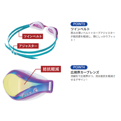 競泳用スイムゴーグル ジュニア用 小学生向け本格レーシングゴーグル ミラーレンズ VIEW ビュー V260JSAM くもり止め加工 UVカット クッション付き FINAマークあり FINA承認 WA承認