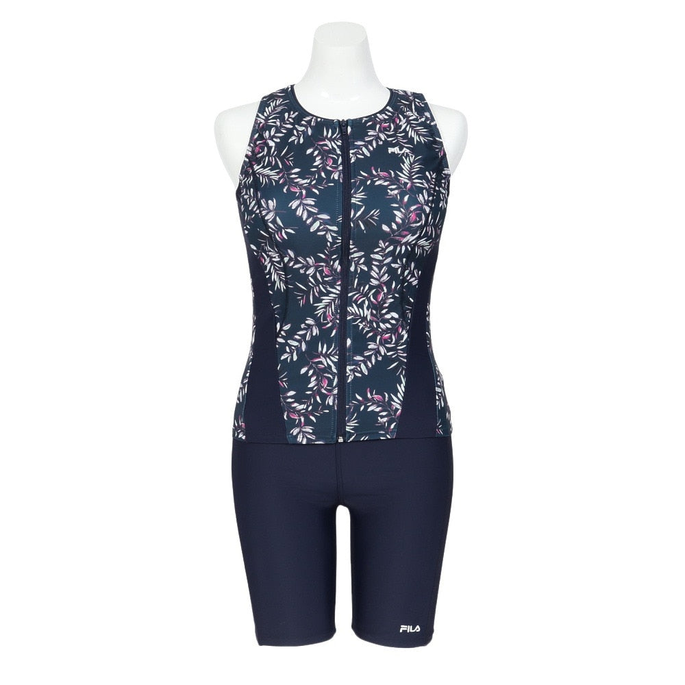 フィットネス水着 レディース FILA セパレート 上下セット リーフ柄プリントジップセパ M-LL 体型カバー フィラ