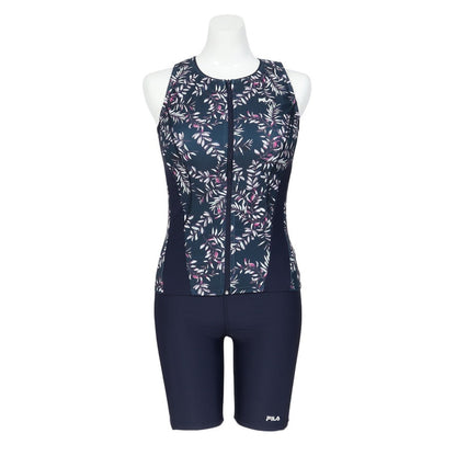 フィットネス水着 レディース FILA セパレート 上下セット リーフ柄プリントジップセパ M-LL 体型カバー フィラ