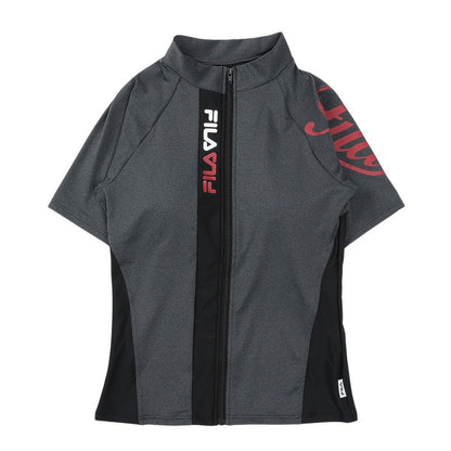 フィットネス水着 レディース 水泳 杢袖付き ZIP セパレート 黒 M-LLサイズ 316602-MBK 上下セット 半袖