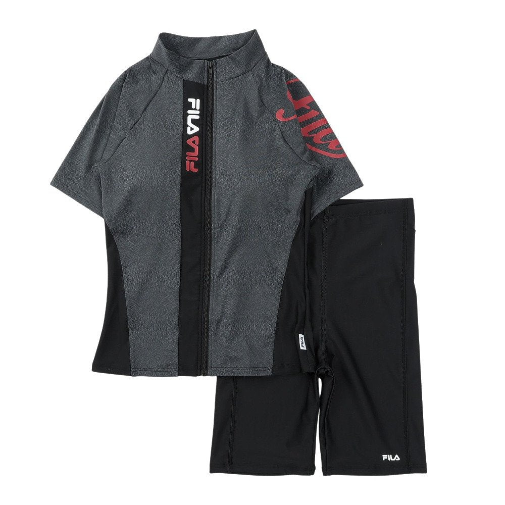 フィットネス水着 レディース 水泳 杢袖付き ZIP セパレート 黒 M-LLサイズ 316602-MBK 上下セット 半袖