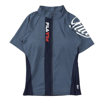 フィットネス水着 レディース 水泳 杢袖付き ZIP セパレート 黒 M-LLサイズ 316602-MBK 上下セット 半袖