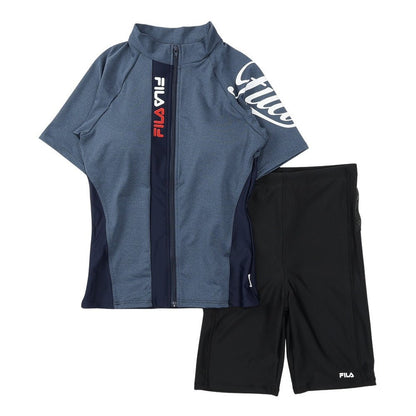 フィットネス水着 レディース 水泳 杢袖付き ZIP セパレート 黒 M-LLサイズ 316602-MBK 上下セット 半袖