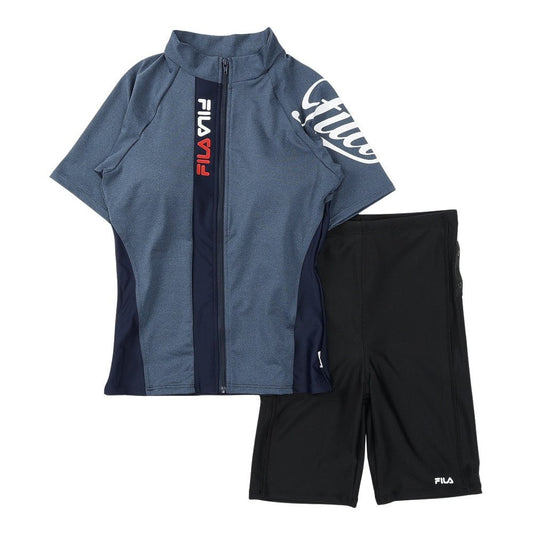 フィットネス水着 レディース 水泳 杢袖付き ZIP セパレート 黒 M-LLサイズ 316602-MBK 上下セット 半袖