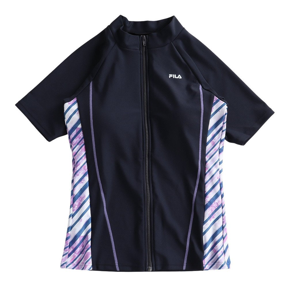 フィットネス水着 レディース 水泳 プリント ジップセパレート水着 黒×紫 M-LLサイズ 316605-BPL 半袖 上下セット ジップ