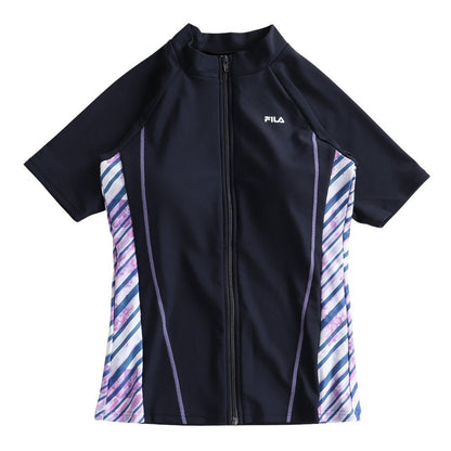 フィットネス水着 レディース 水泳 プリント ジップセパレート水着 黒×紫 M-LLサイズ 316605-BPL 半袖 上下セット ジップ