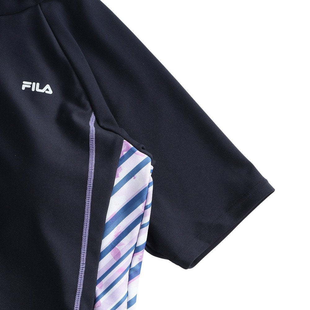 フィットネス水着 レディース 水泳 プリント ジップセパレート水着 黒×紫 M-LLサイズ 316605-BPL 半袖 上下セット ジップ