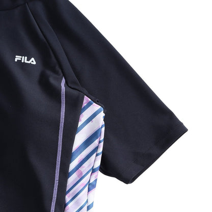 フィットネス水着 レディース 水泳 プリント ジップセパレート水着 黒×紫 M-LLサイズ 316605-BPL 半袖 上下セット ジップ