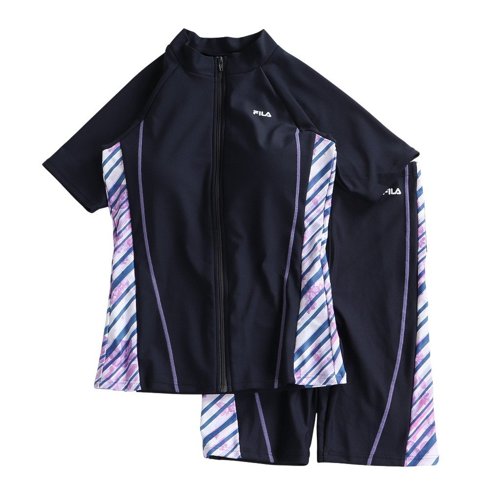 フィットネス水着 レディース 水泳 プリント ジップセパレート水着 黒×紫 M-LLサイズ 316605-BPL 半袖 上下セット ジップ