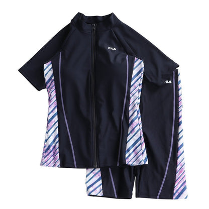 フィットネス水着 レディース 水泳 プリント ジップセパレート水着 黒×紫 M-LLサイズ 316605-BPL 半袖 上下セット ジップ